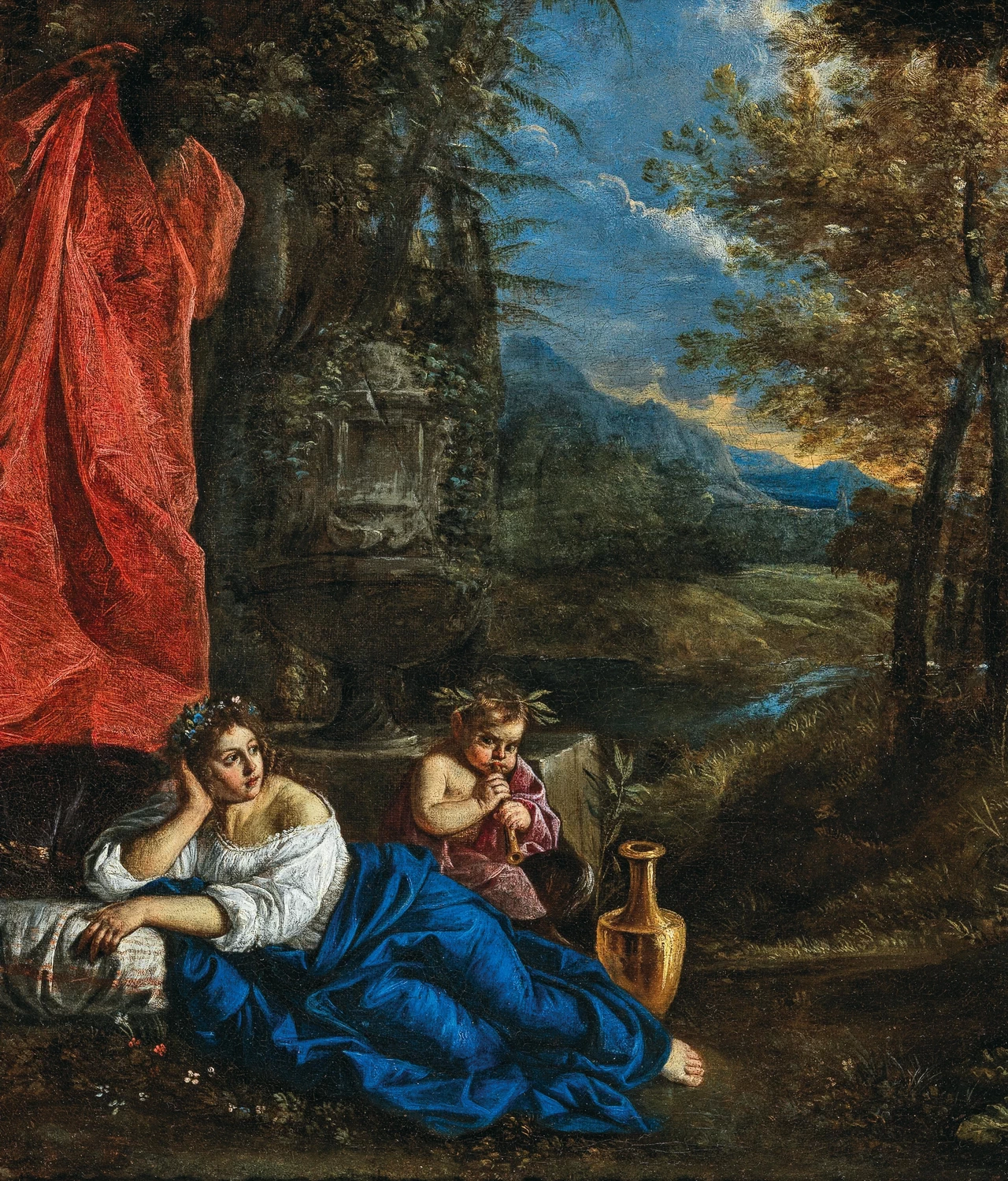 Flora e Bacco Bambino in un paesaggio boscoso